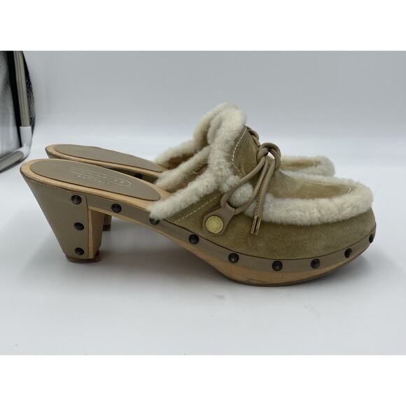 Vintage Y2K COACH RUTHIE Tan Suede SHEARLING Fur WOODEN CLOG Mules Sz 8 ITALY - Picture 2 of 8